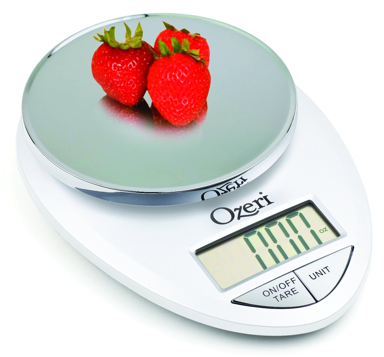 Ozeri Pro Digital Kitchen Scale chrome base shows precise ingredient measurements.