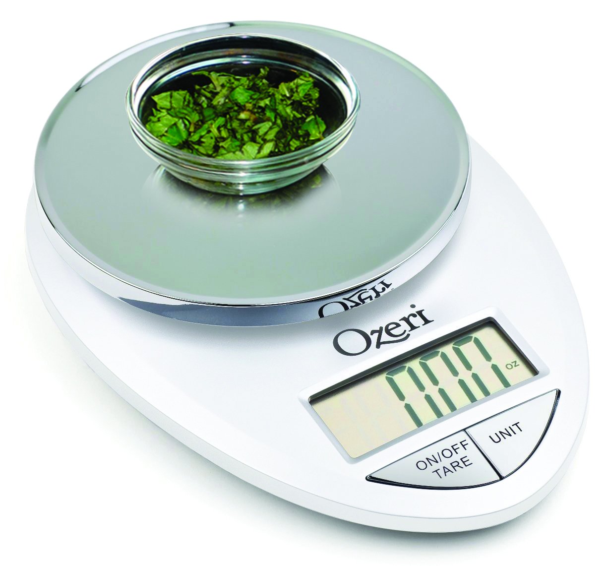 Ozeri Pro Digital Kitchen Scale chrome large LCD for easy reading.