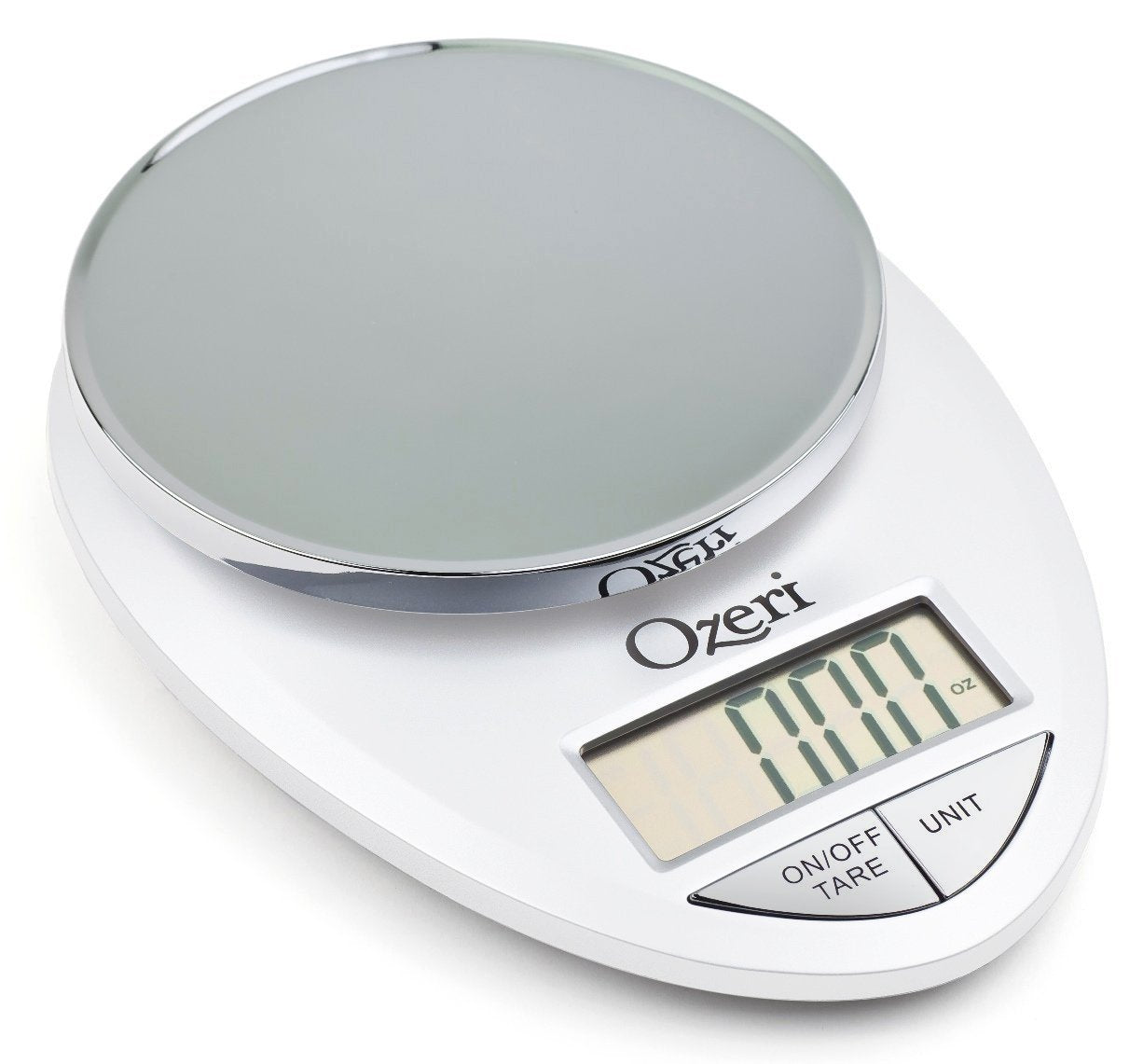 Ozeri Pro Digital Kitchen Scale chrome units option for grams, ounces, pounds, kilograms.