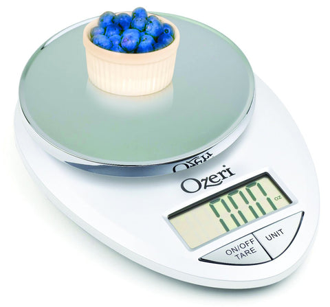 Ozeri Pro Digital Kitchen Scale chrome oversized buttons for fast operation.