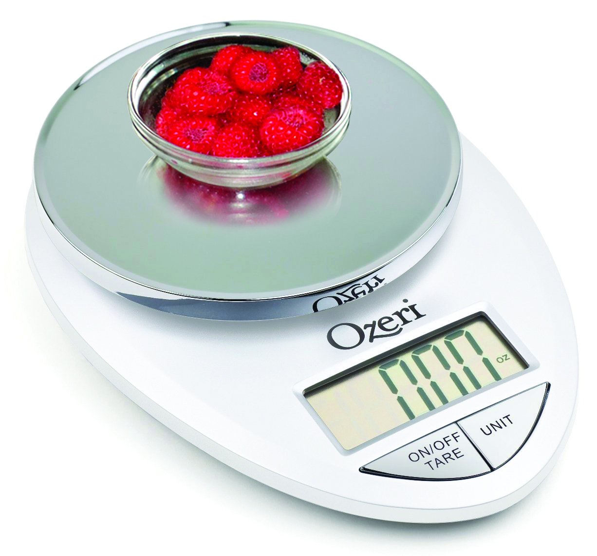 Ozeri Pro Digital Kitchen Scale chrome tare feature for net-weight accuracy.