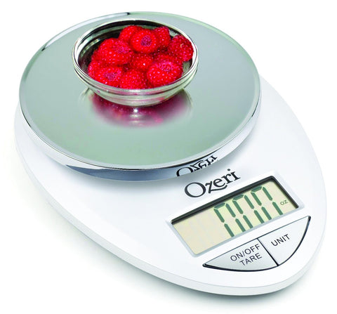 Ozeri Pro Digital Kitchen Scale chrome tare feature for net-weight accuracy.