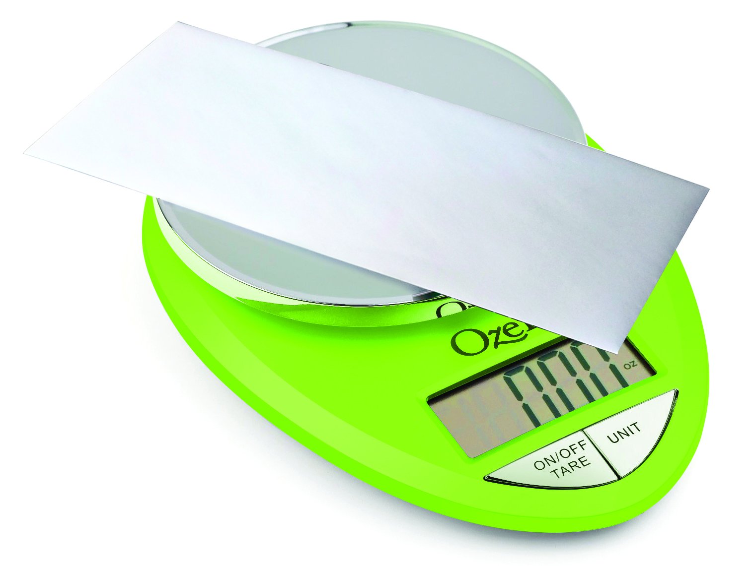 Ozeri Pro Digital Scale with compact chrome base for easy storage.