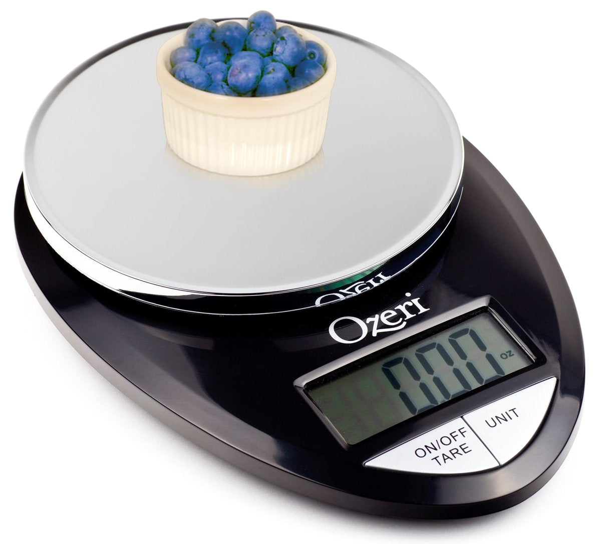 Ozeri Pro Digital Scale tare function shown subtracting container weight for net ingredients