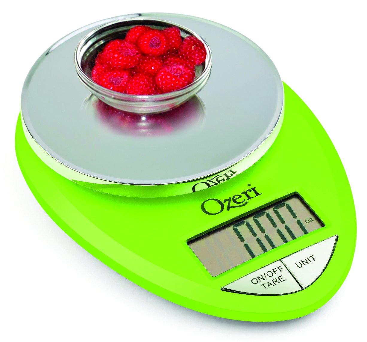 Ozeri Pro Digital Scale showing tare function for net ingredient weight.