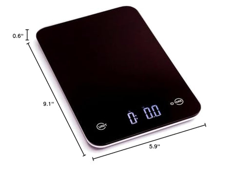 Ozeri Touch’s elegant black tempered glass complements modern kitchens.