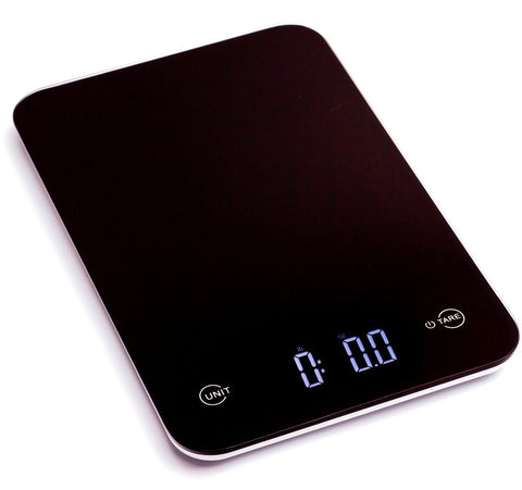 Ozeri Touch scale with tempered glass surface for precise measurements.