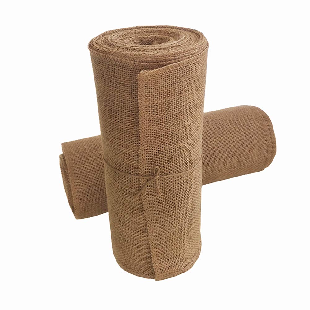 OZXCHIXU jute burlap table runner on a rustic table enhances natural decor.
