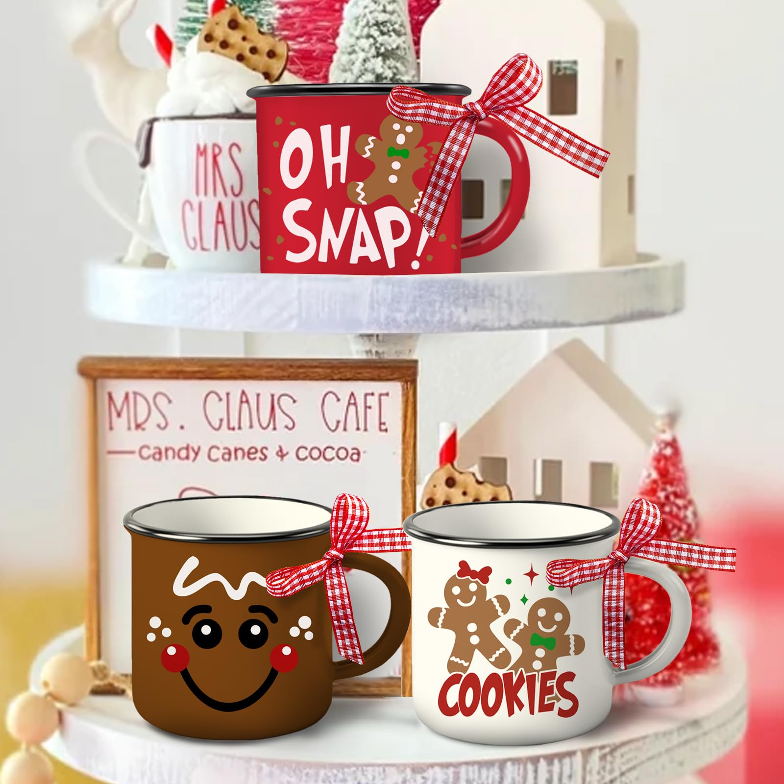 Paayna tiered-tray display using tiny mugs for holiday decor