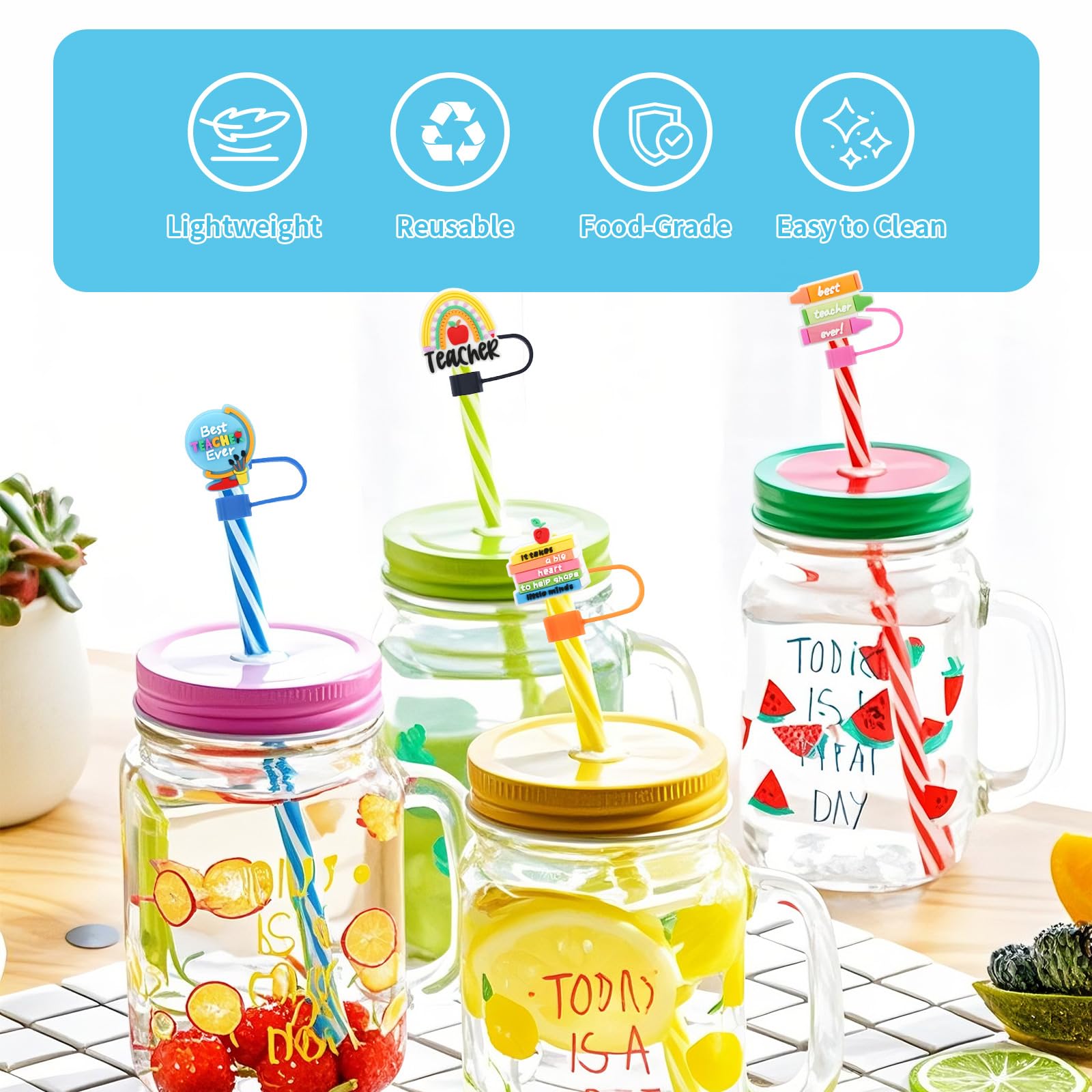Pabucle easy-to-use straw caps snap on and off for quick customization.