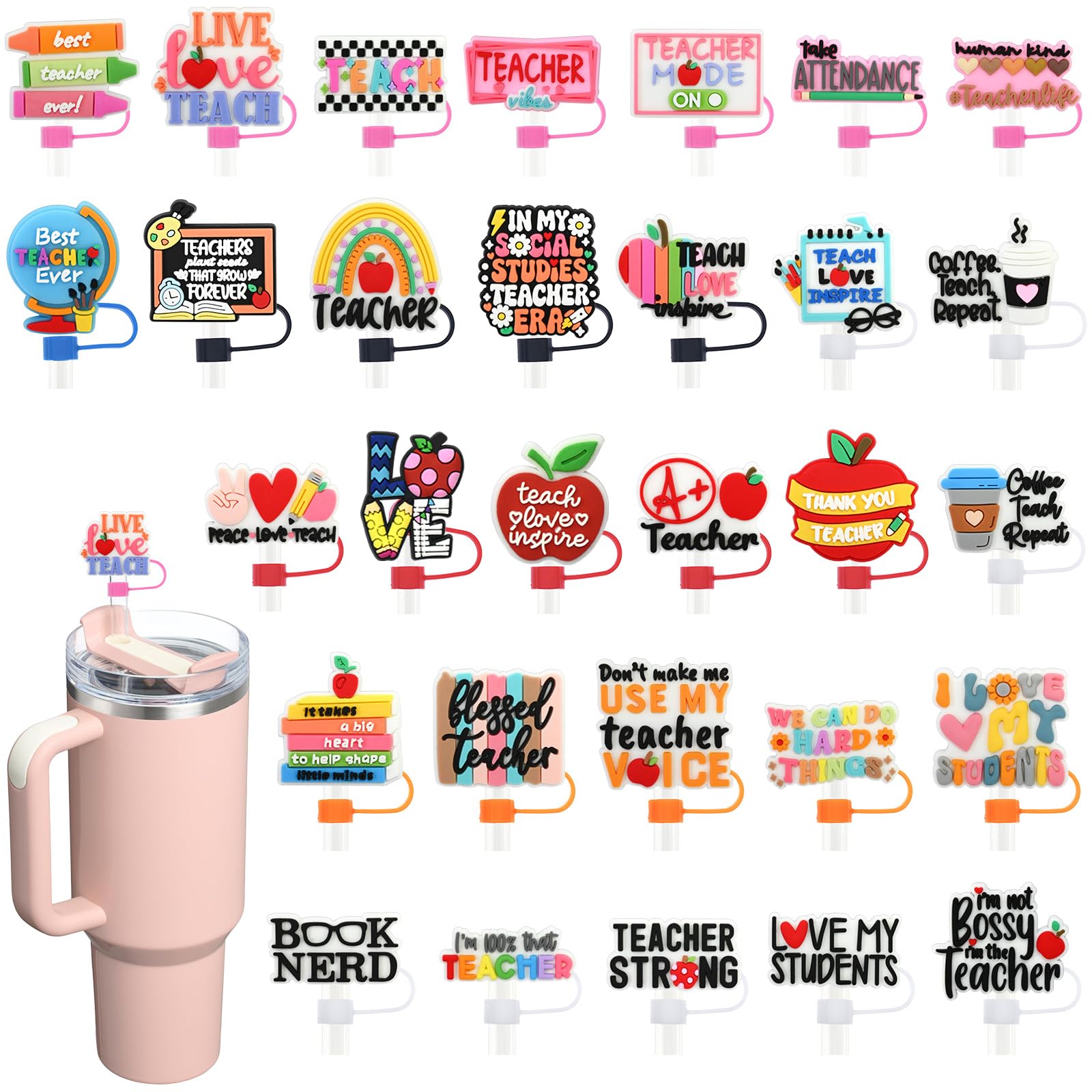 Pabucle teacher straw covers 30-pack decorates school cups for events.