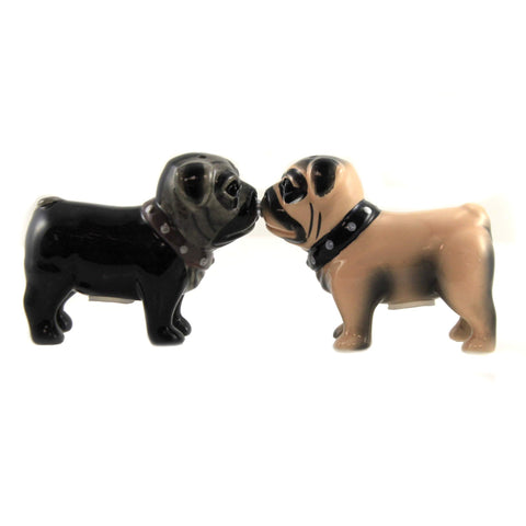 Pacific Giftware Attractives Little Love Pugs salt and pepper set on a dining table, magnetically fastened