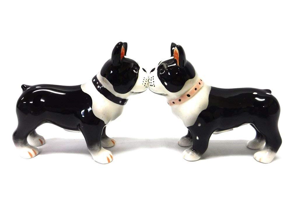 Pacific Giftware Boston Terrier pups magnetic salt and pepper shakers on a kitchen counter for everyday seasoning