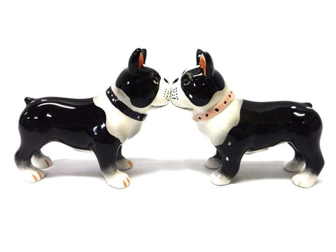 Pacific Giftware Boston Terrier pups magnetic salt and pepper shakers on a kitchen counter for everyday seasoning