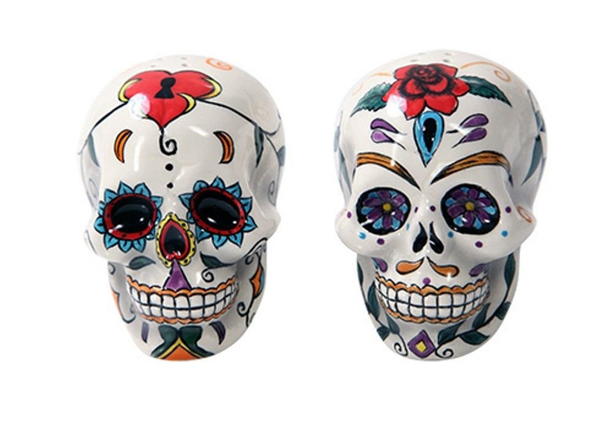 Pacific Giftware Day of the Dead skulls salt pepper shakers for festive table decor