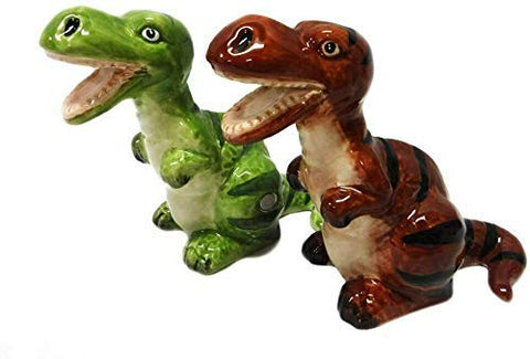 Pacific Giftware ceramic dinosaur shakers on a cozy dining table setting.