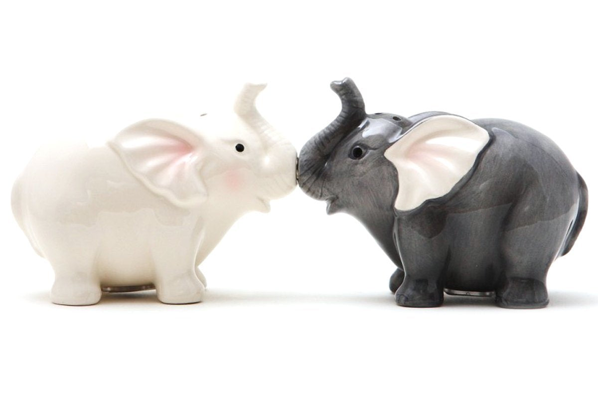 Pacific Giftware Elephants They Kiss salt and pepper shakers with magnetic lids, ideal as a stylish kitchen gift.