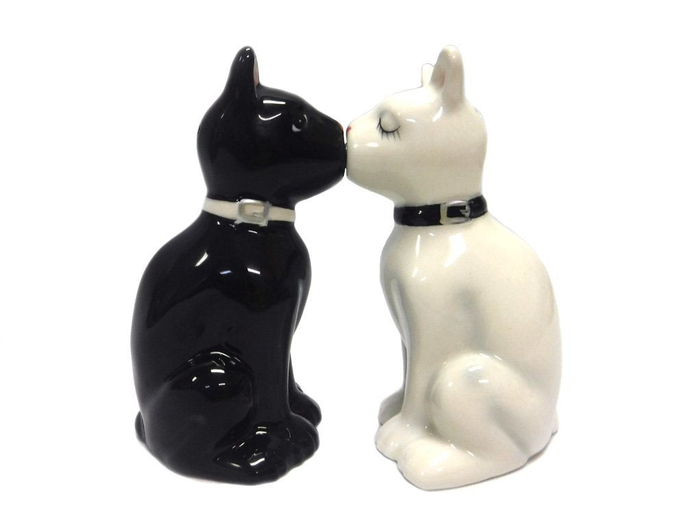 Pacific Giftware Feline Spicey salt and pepper shakers with magnets on the countertop.