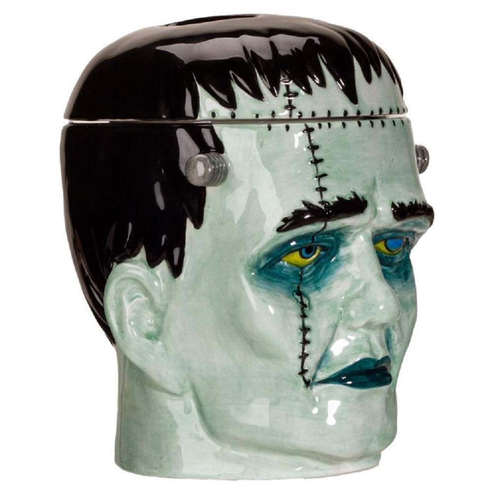 Frankenstein Head cookie jar side view, decorative storage for snacks by Pacific Giftware