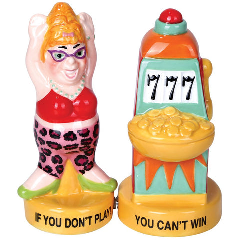 Pacific Giftware Lucky Casino Slot Machine Winner salt and pepper shakers add playful color to meals.