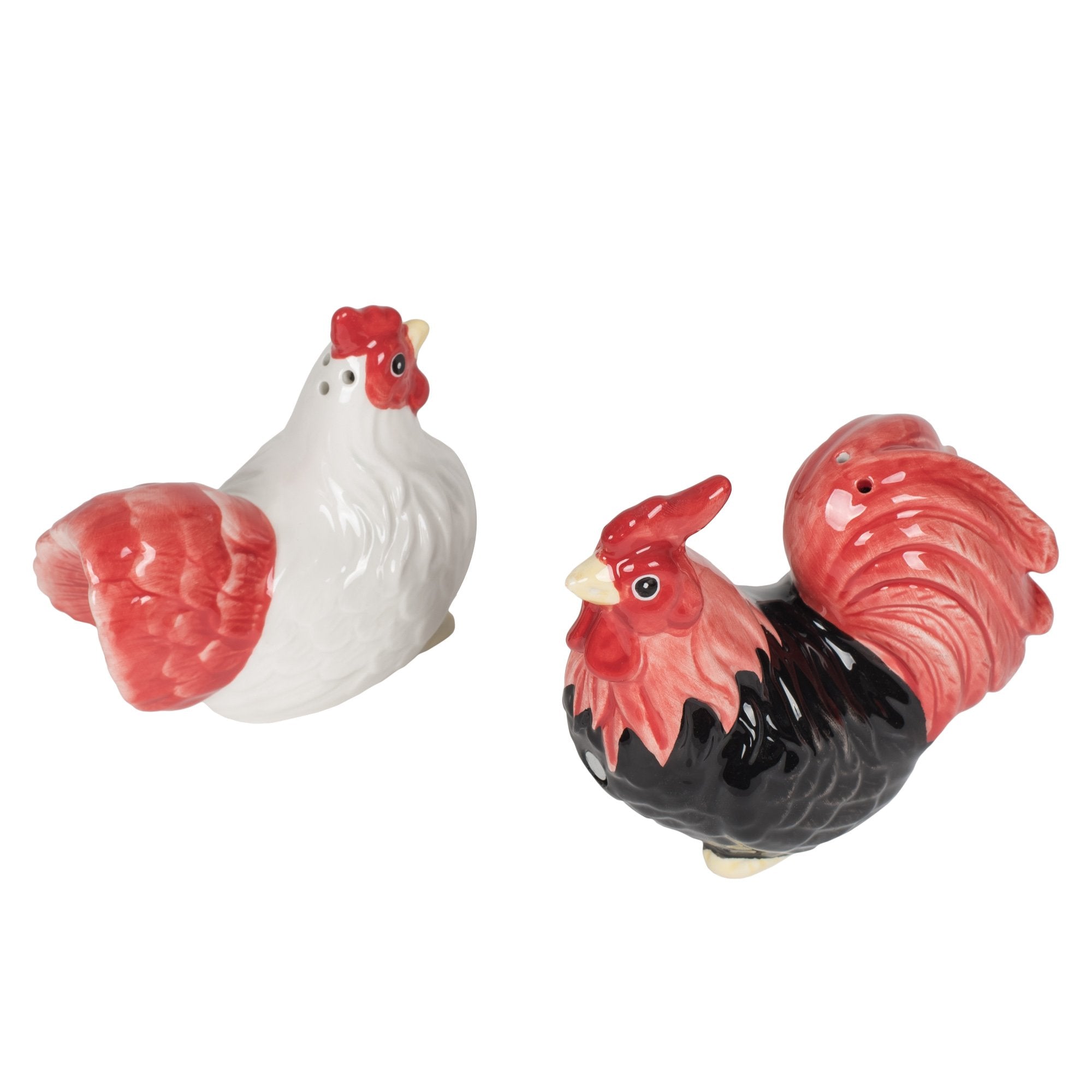 Pacific Giftware rooster and hen shakers shown as a charming kitchen display piece