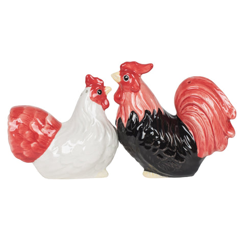 Pacific Giftware rooster and hen salt pepper set on a dining table for everyday use