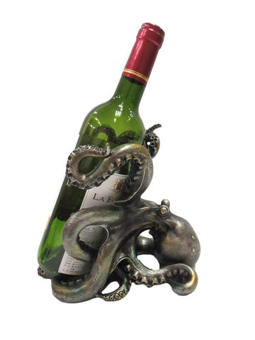 Pacific Giftware rustic silver octopus wine holder on tabletop adds nautical charm and bottle support.