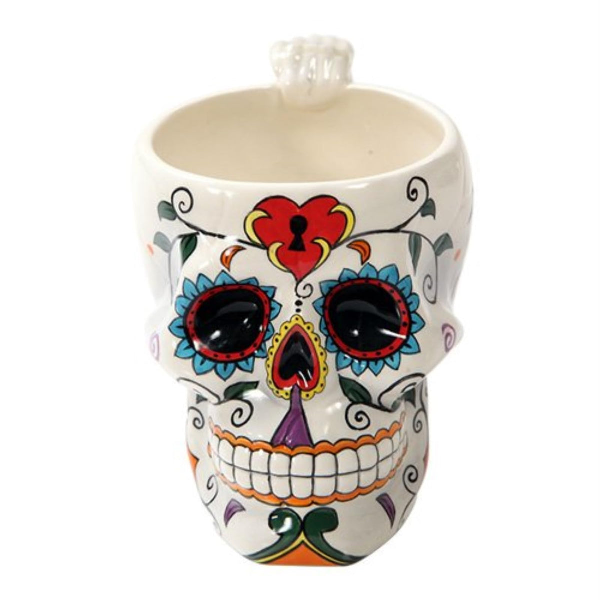 Pacific Giftware white tribal Day of the Dead love lock mug with vibrant skull design, ideal for coffee
