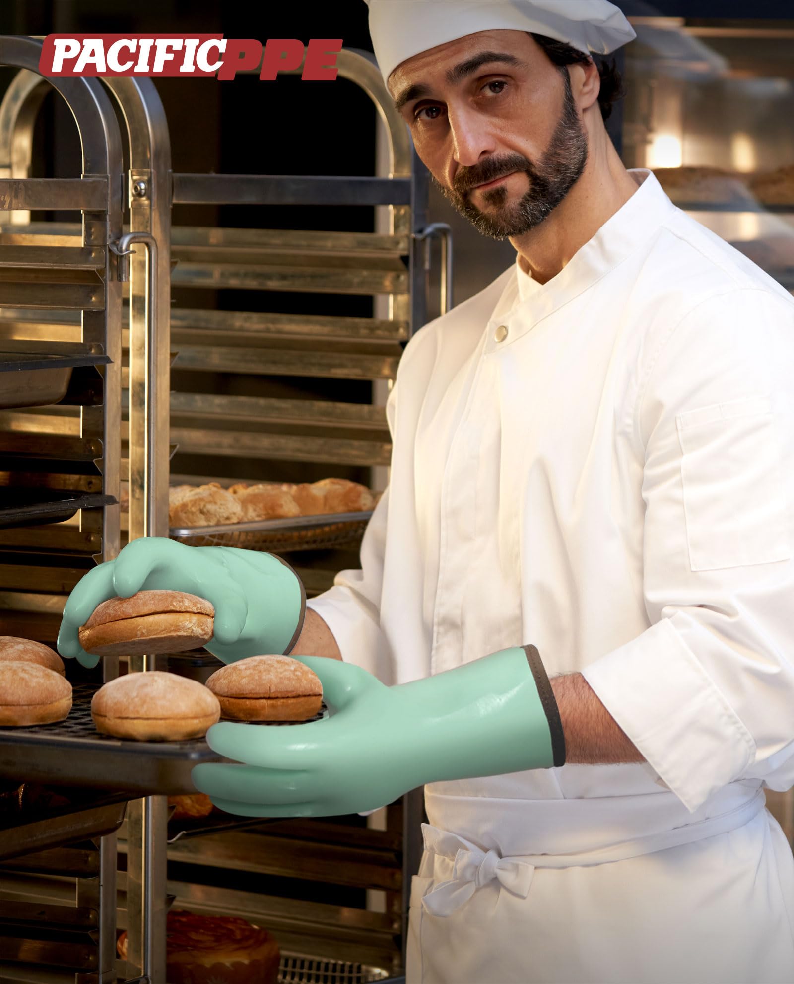 PACIFIC PPE food-grade silicone gloves with BPA-free coating for direct food contact.