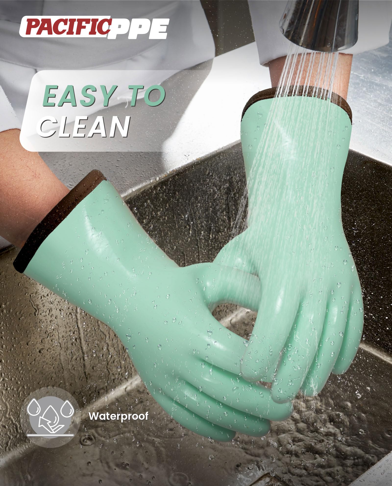 PACIFIC PPE green oven gloves provide a secure grip for hot trays and pans.