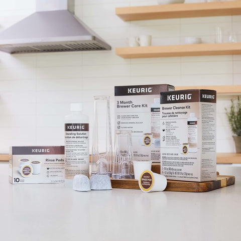 Packaging includes Keurig water filter cartridges with setup guidance