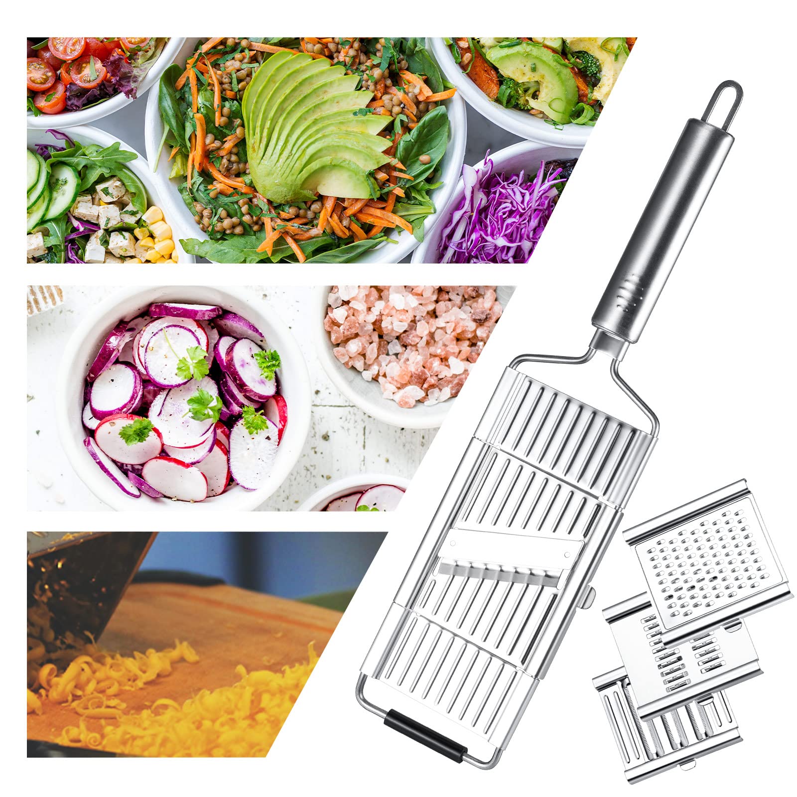 Paddsun cheese grater with interchangeable blades enables zesting, grating, and slicing.