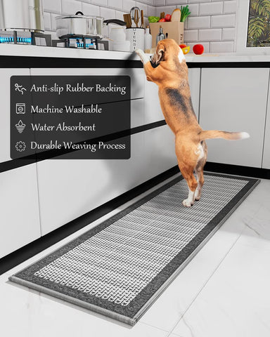 PADOOR grey kitchen mat close-up shows absorbent surface catching spills.