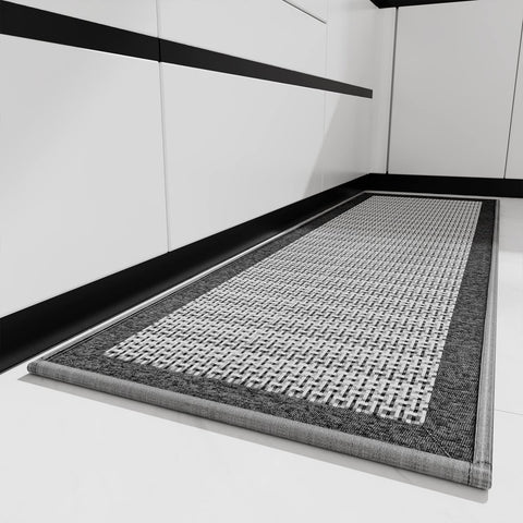 PADOOR grey kitchen mat with non-slip backing stays put on smooth floors.