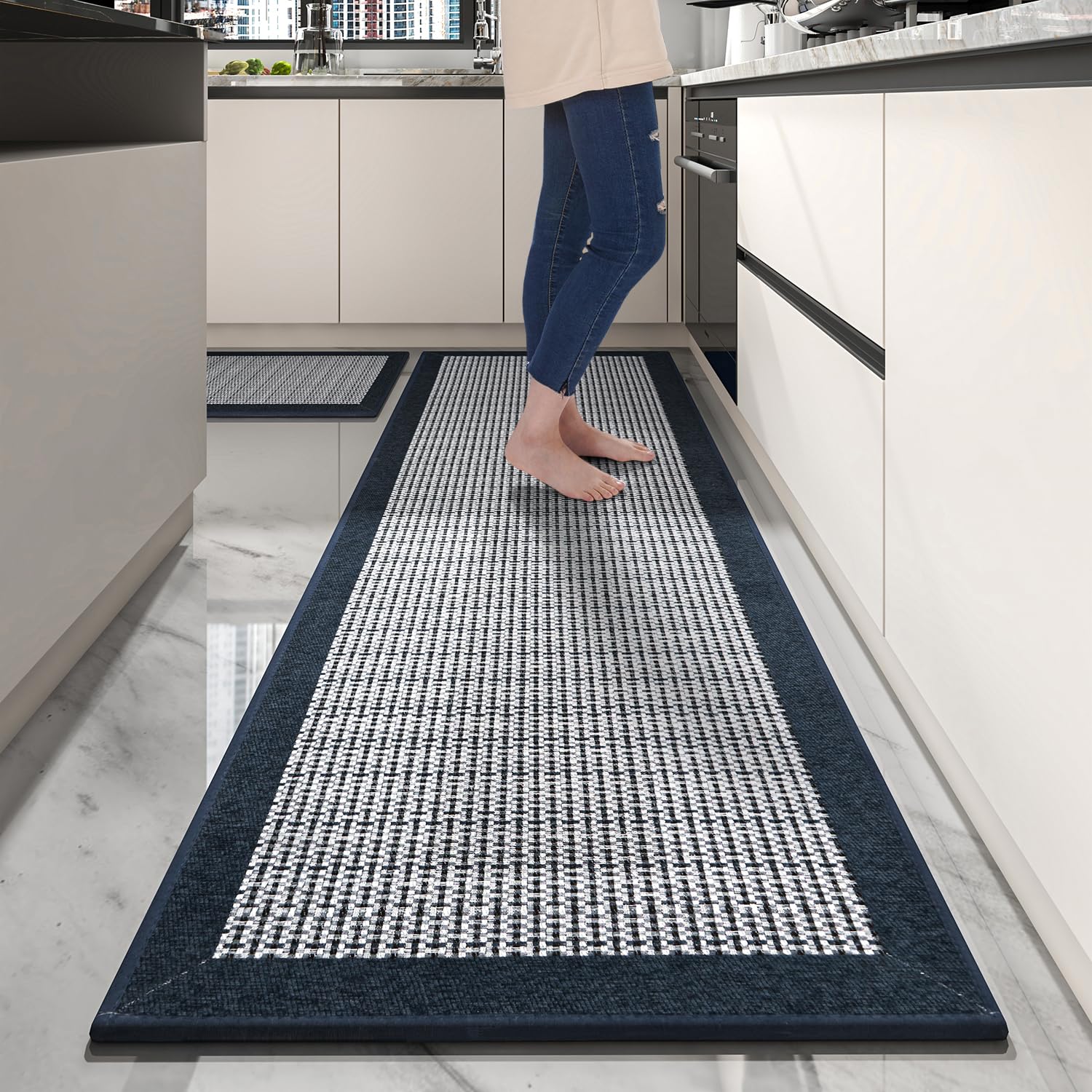 PADOOR non-slip kitchen rug set blue full view showing safety and style.