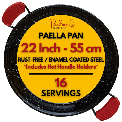 Paelluxe Paella Pan top view shows enamelled rust-free surface for easy cleanup