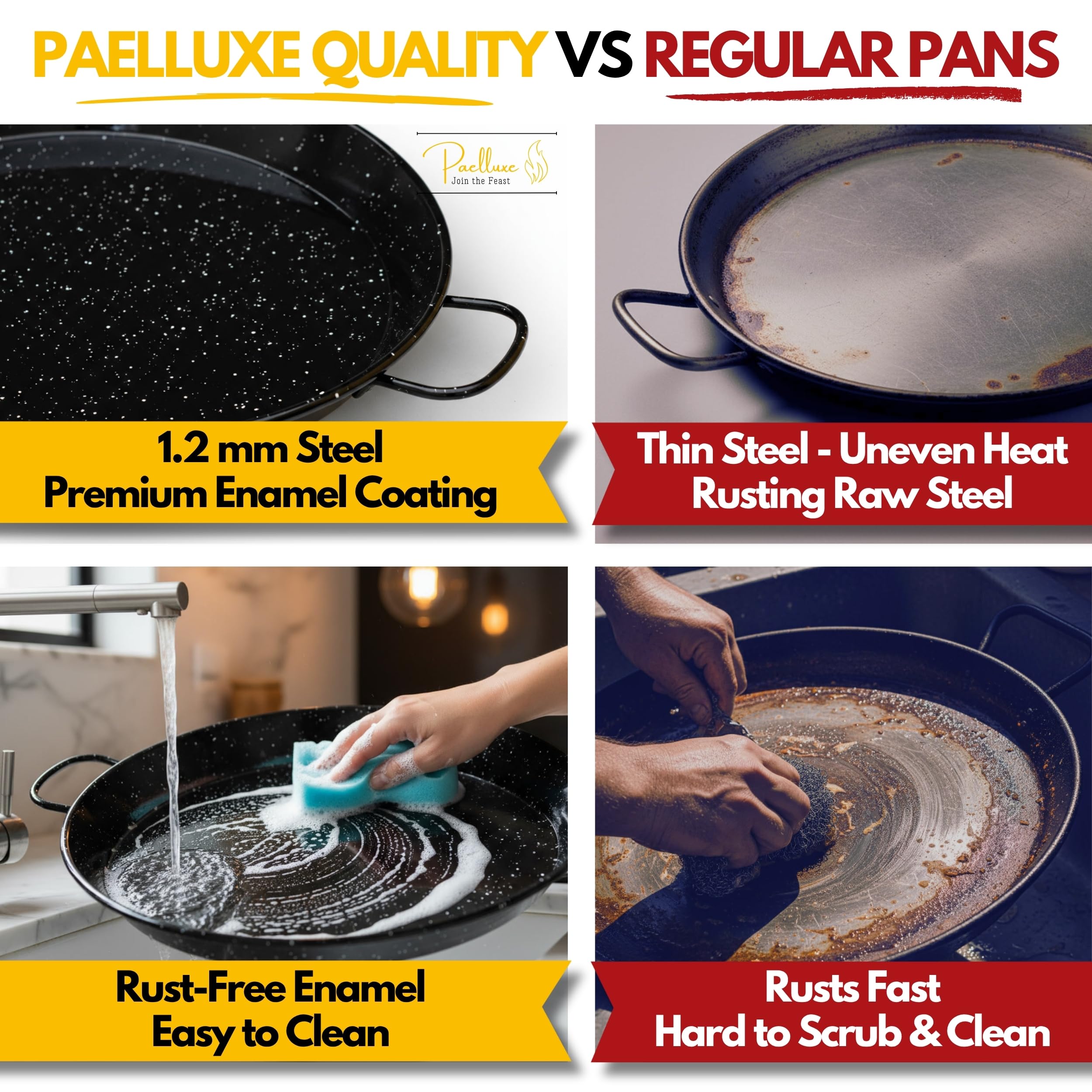 Paelluxe Paella Pan oven-use shot shows versatile cooking options