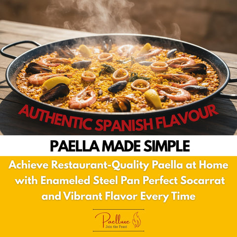 Paelluxe Paella Pan closeup emphasizes rust-free enamel for quick cleanup