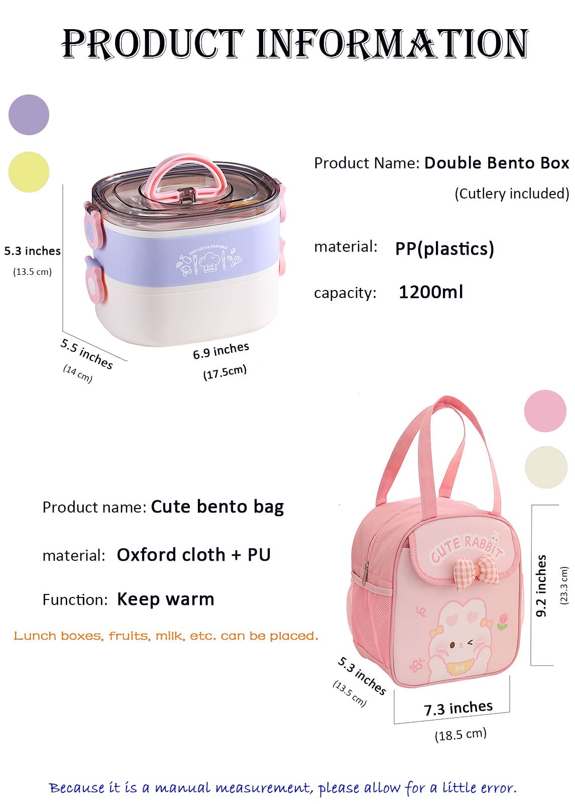 Paidideng Kawaii Bento Box lunch bag included for easy transport