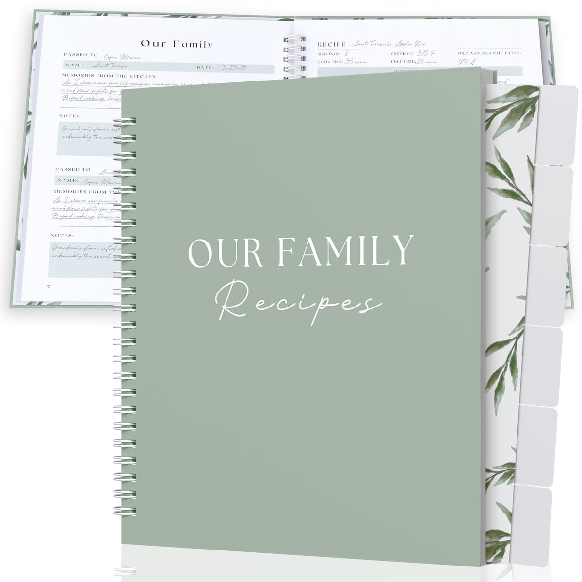 Paige McRae Recipe Book Sage cover with durable spiral binding for daily use.