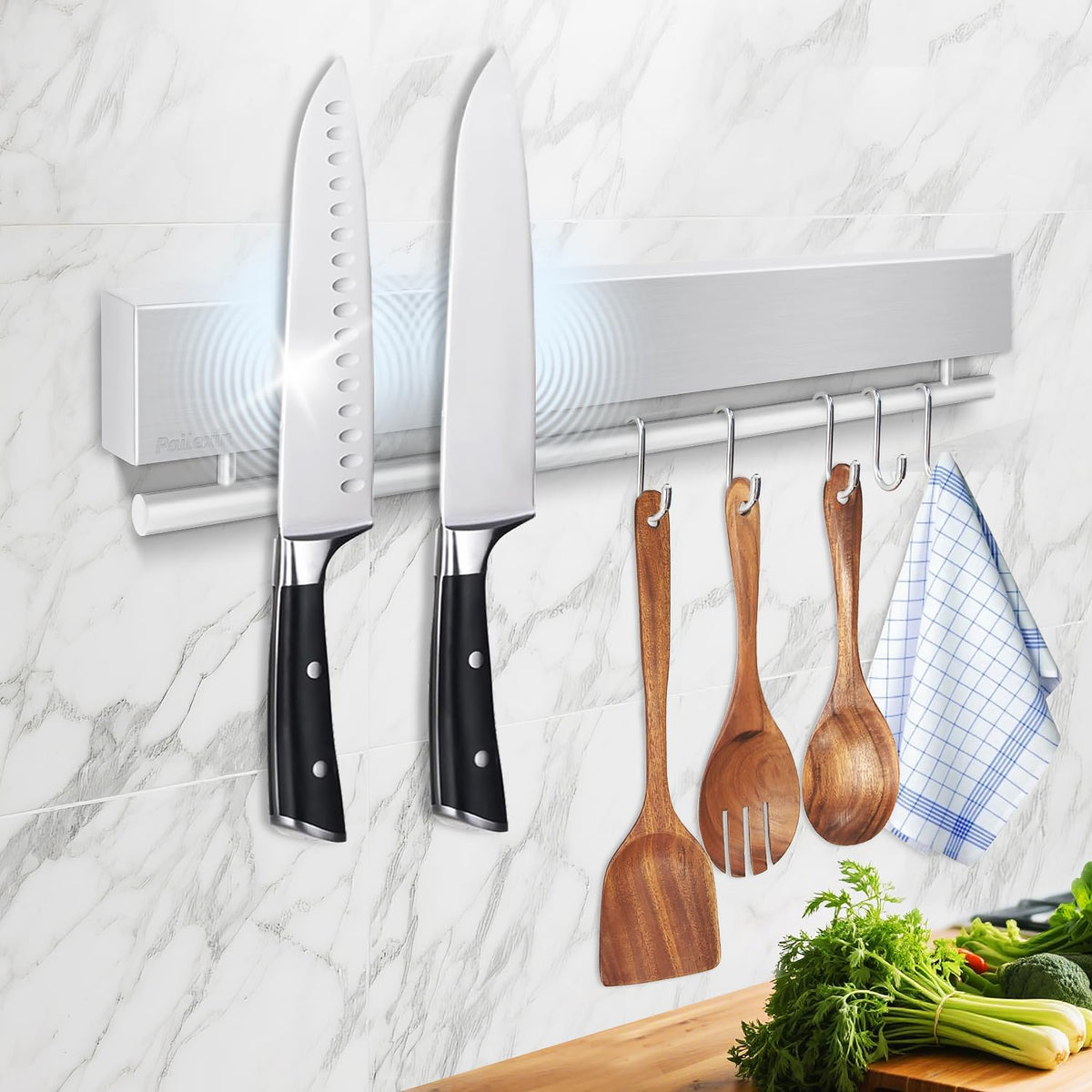 Pailexin 12 inch magnetic knife holder on wall keeps knives within easy reach.