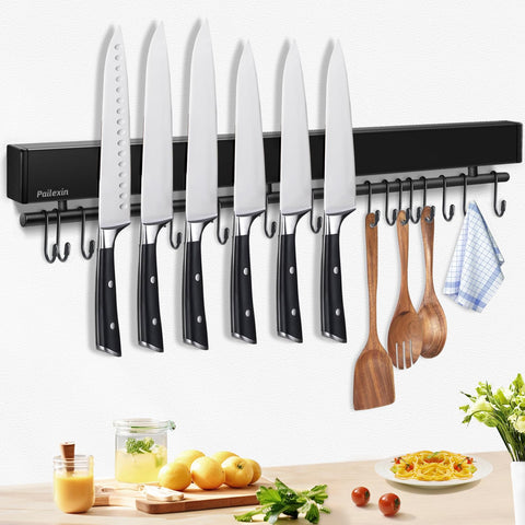 Pailexin 23-inch knife strip with 15 hooks keeps knives organized and within reach.