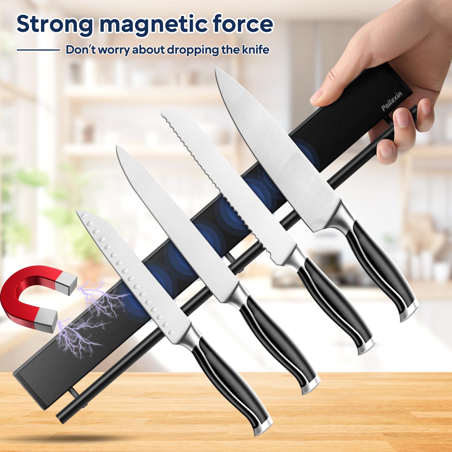 Pailexin black 304 stainless steel knife strip adds sleek, rust-resistant storage.