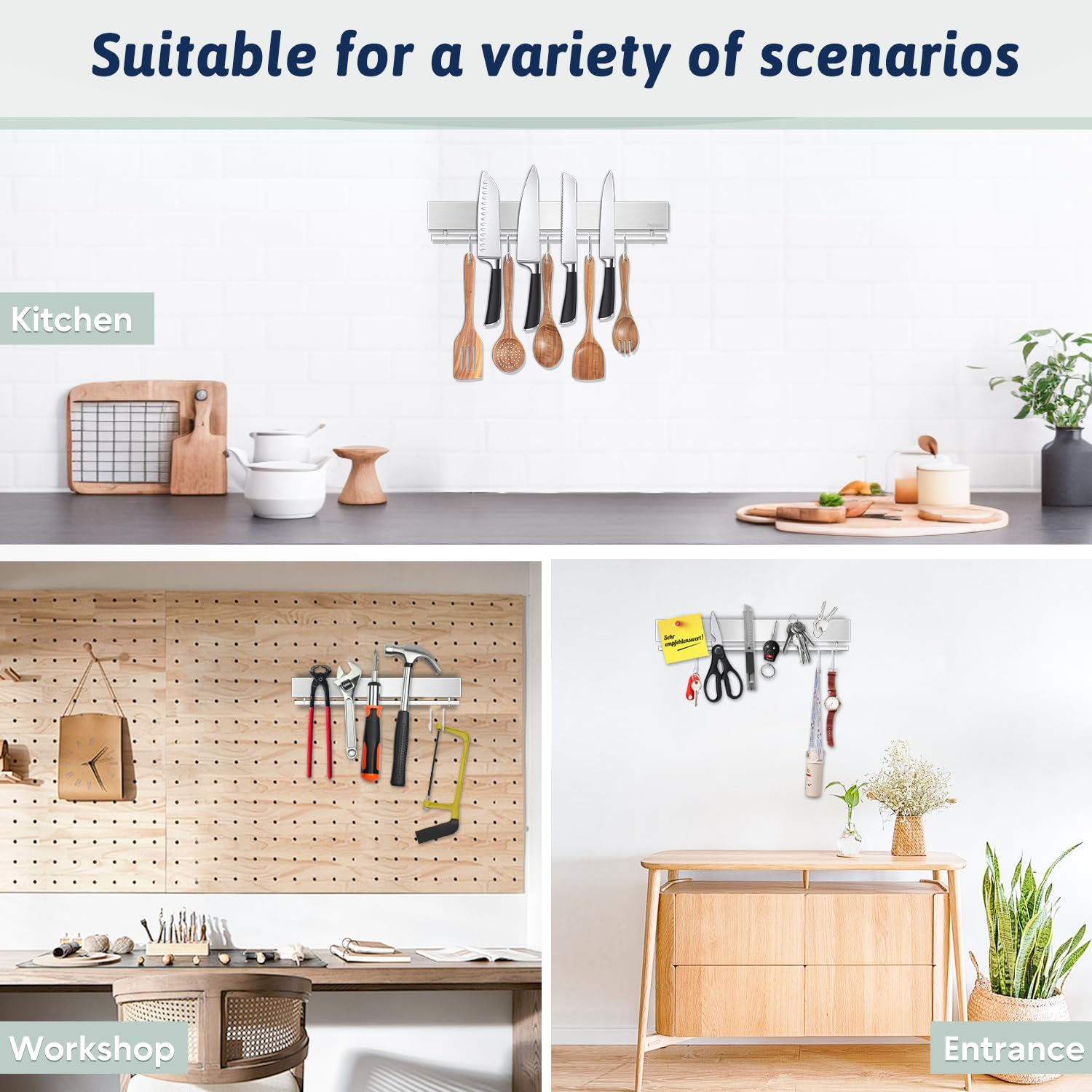 Space saving design fits multiple knives and kitchen tools.