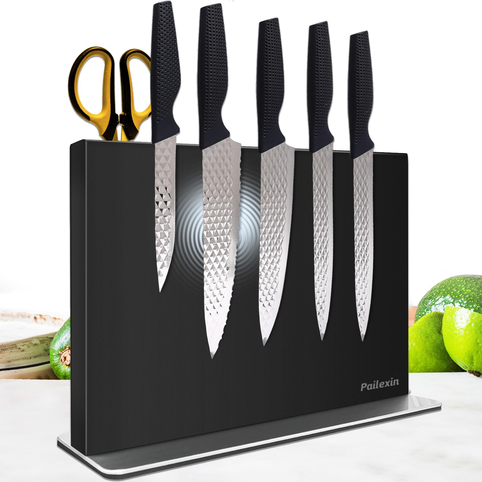 Pailexin magnetic knife block with double-sided magnets for secure blade storage.