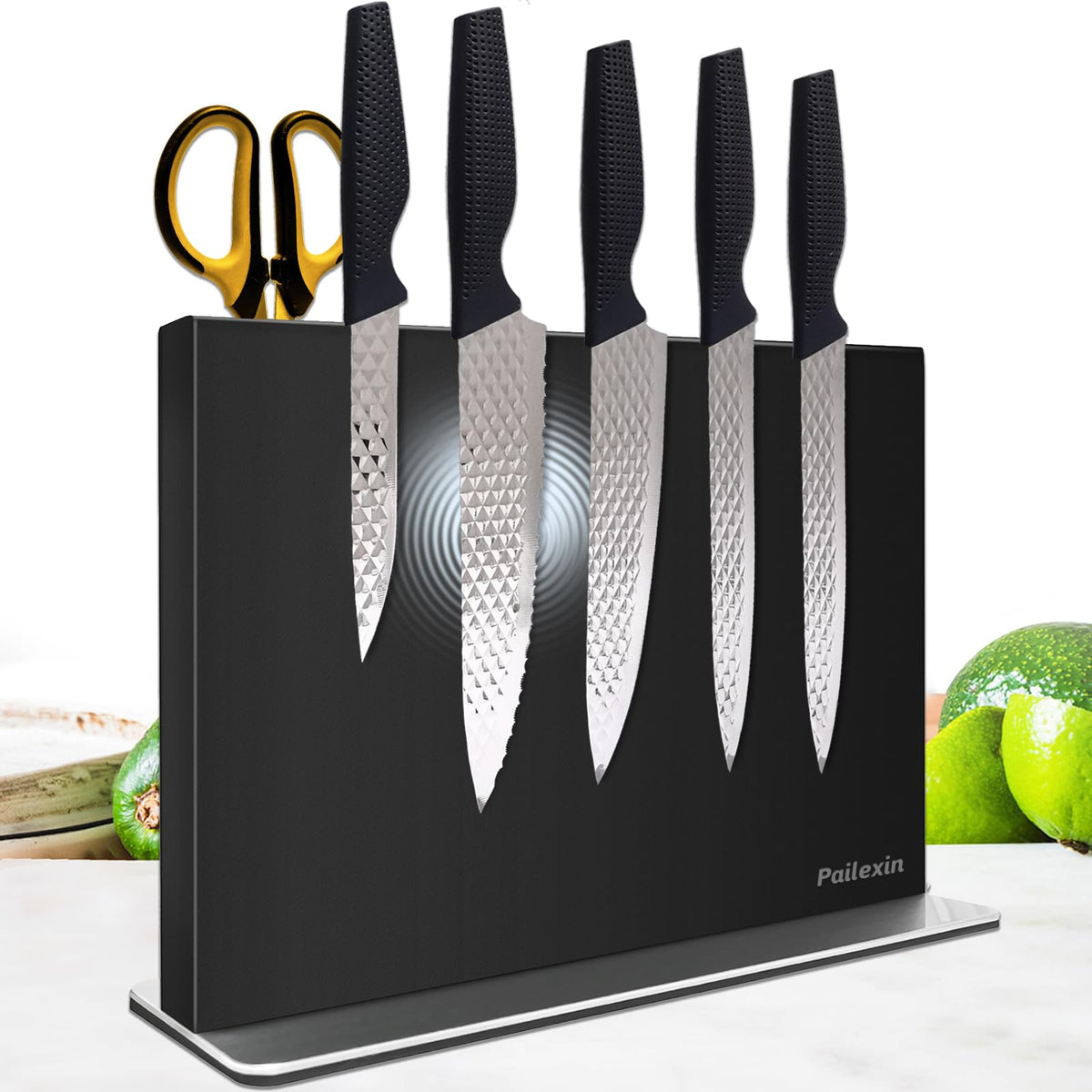 Pailexin magnetic knife block with double-sided magnets for secure blade storage.