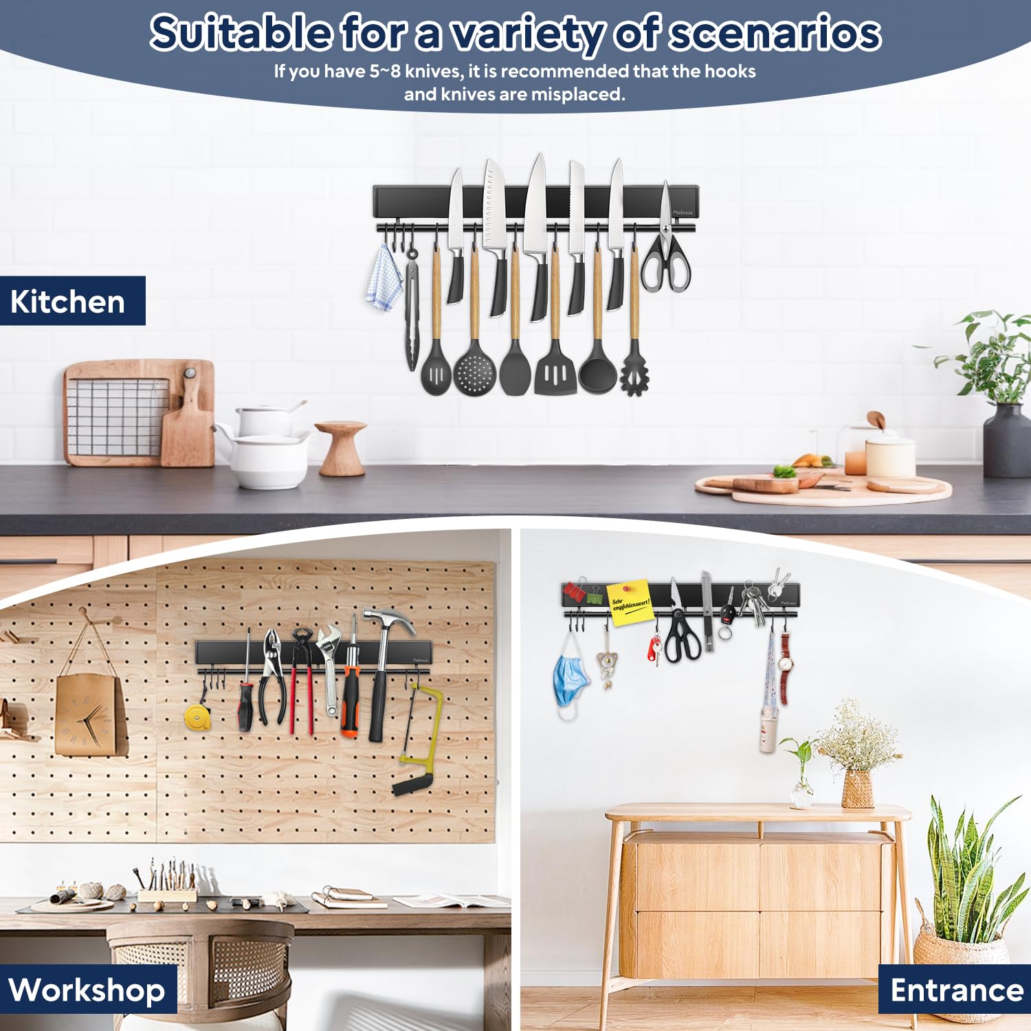 Pailexin strong magnets securely hold knives and utensils.