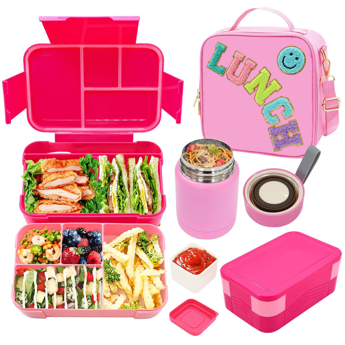 PainZieteg pink lunch bag set with thermos and bento keeps meals organized for school.
