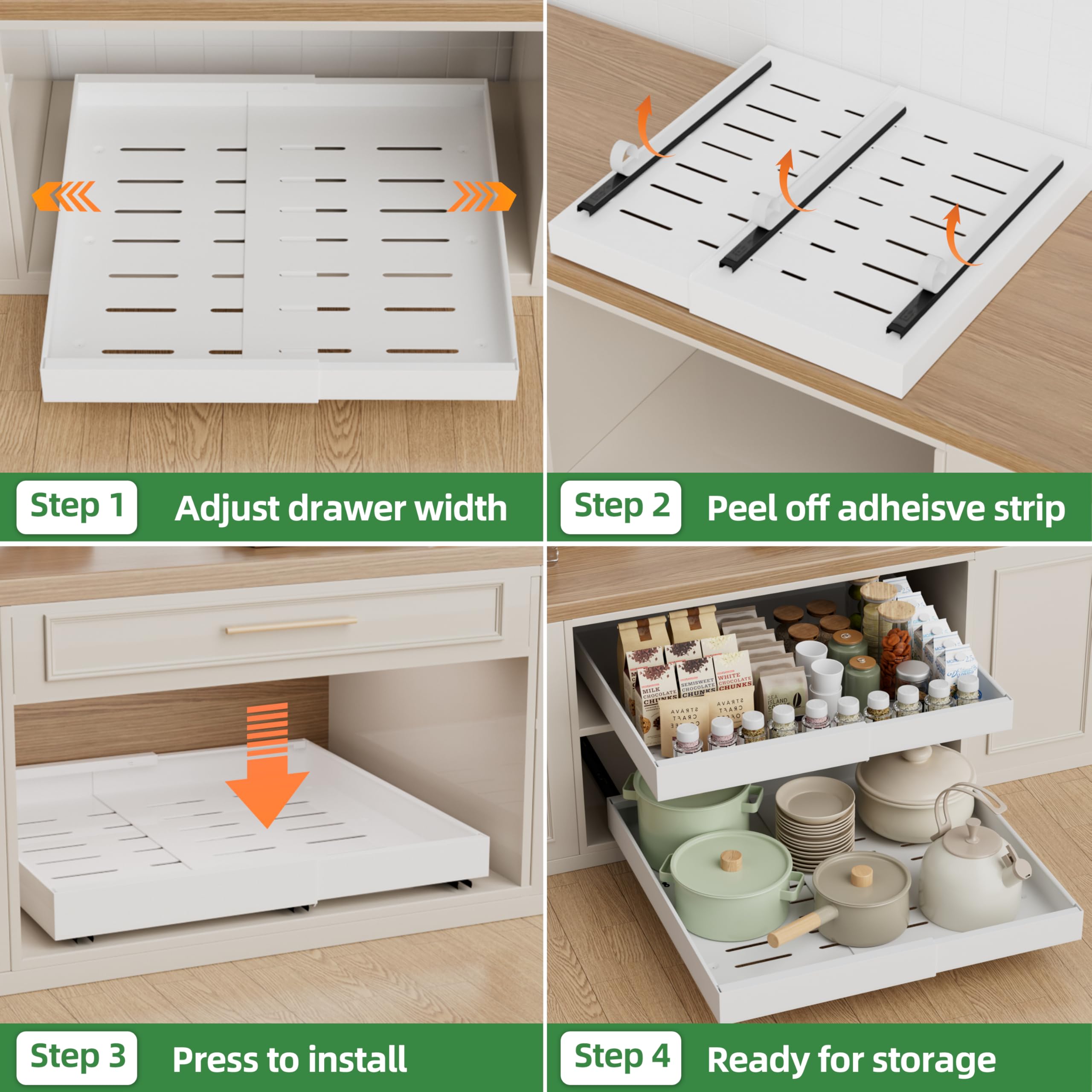 PAKETA kitchen cabinet organization in action highlights versatile storage.