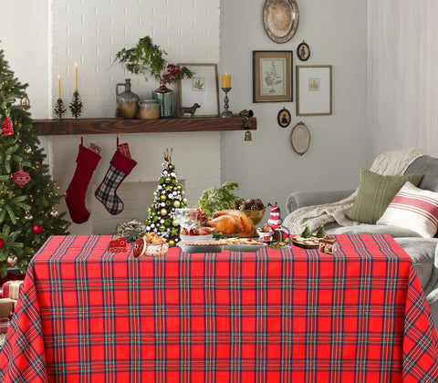 PakiInno Buffalo Plaid tablecloth 57x84 inches laid on a rectangular dining table for holiday settings.